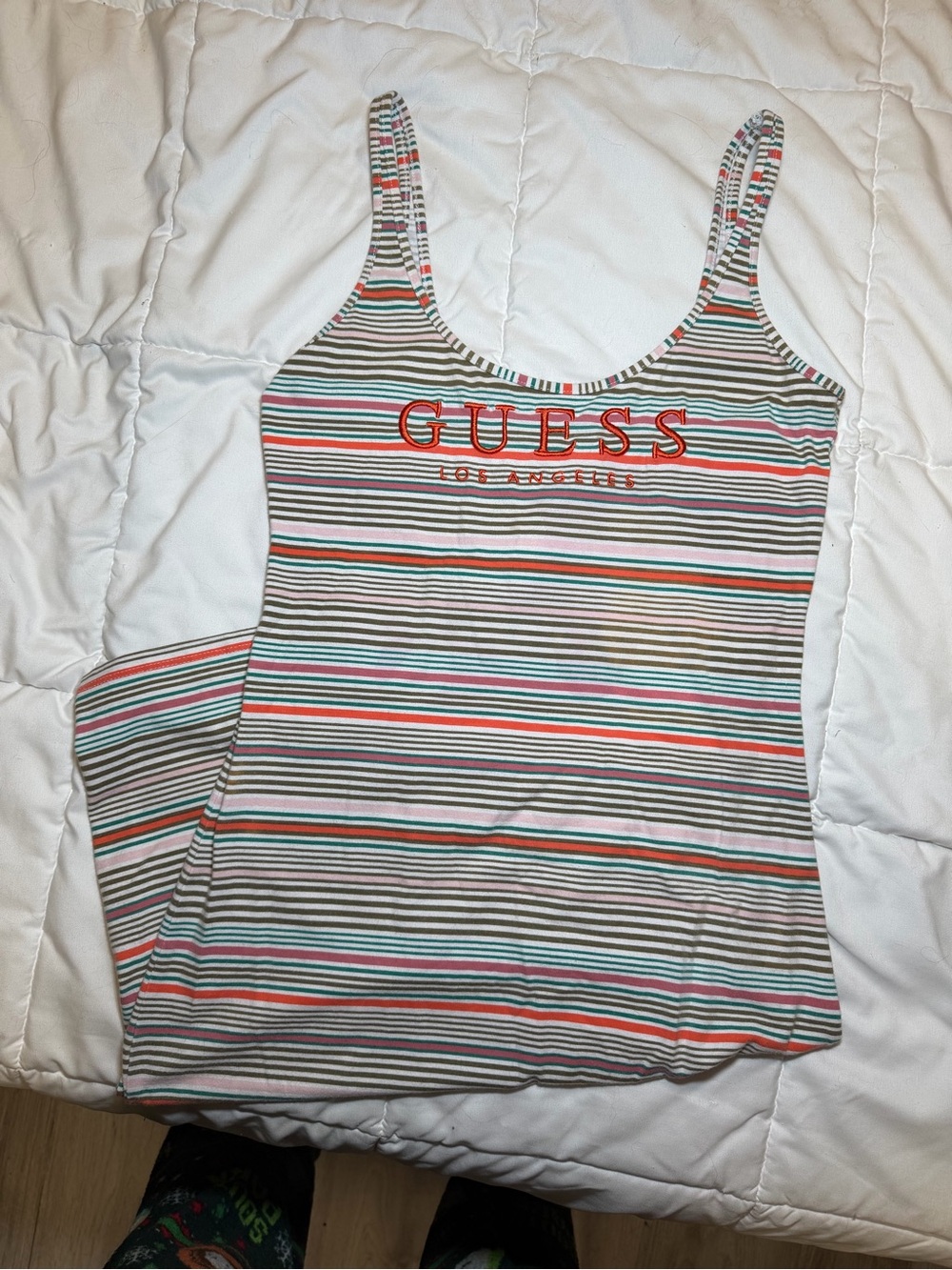 GUESS Striped Midi Dress in White, Coral & Teal